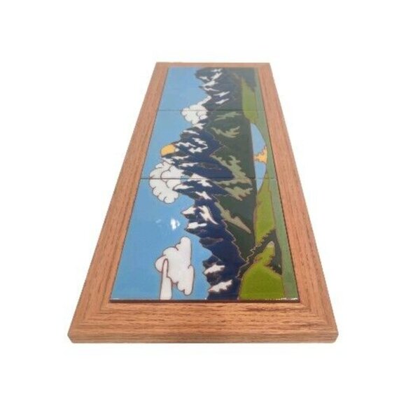 Mountain Moon Reflection Triptych Native Folk Art Deco (3) 6" Tiles 20x8" Framed - Picture 7 of 14